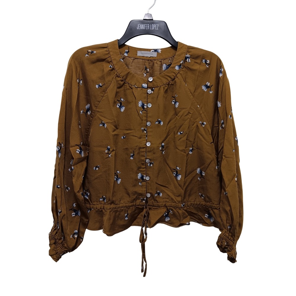 Outerknown Organic Cotton Silk Hemp Floral Peplum Blouse Mustard Yellow Small